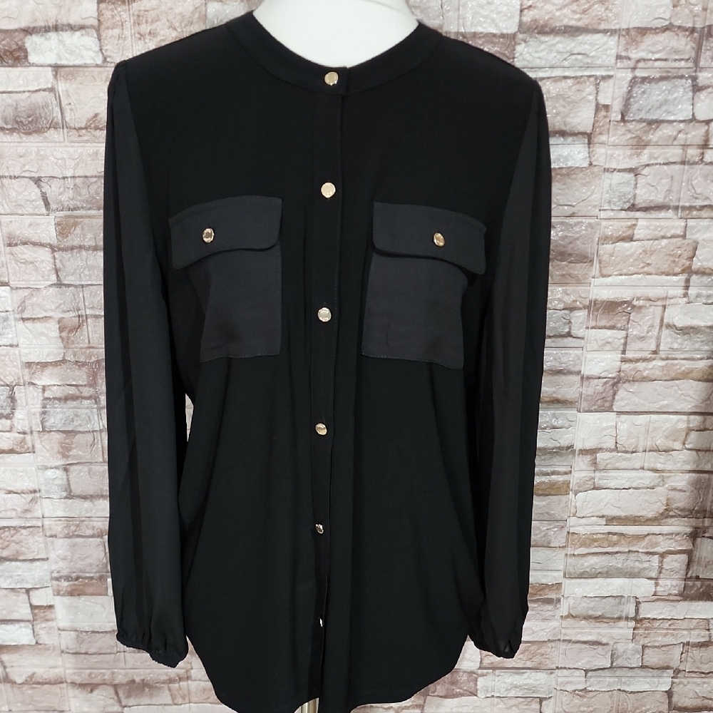 Ann Klein Brand New Black Button-Up Blouse Black blouse with mixed materials